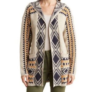 Lucky Brand Aztec Geometric Size Small Petite Cream Navy Cardigan Hoodie